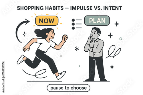Impulse vs Intent. Shopping Habits ? Impulse vs Intent. Two buttons hover: ?now? flickers and ?plan? glows steady; a list icon anchors the scene. Caption