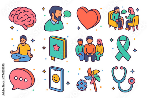 Mental Health Icons. Mental health support. Colorful isometric vector icons set of mental health support: brain, therapist, heart, counseling