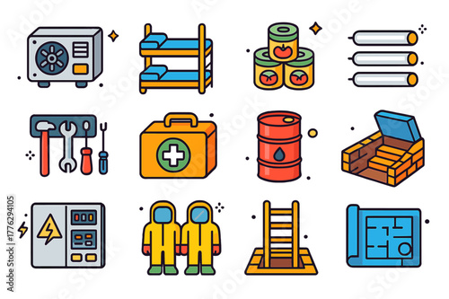 Colorful Shelter Icons. Underground shelter. Colorful isometric vector icons set of underground shelter: air filtration unit, bunk beds, canned food, LED