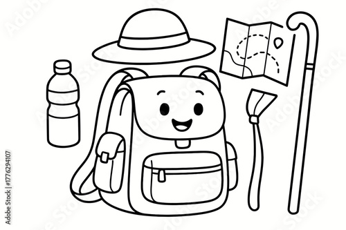 Pilgrimage Backpack Illustration. Pilgrimage backpack basics children?s coloring book illustration, outlined drawing, a cheerful backpack with a water bottle,