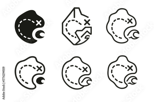 Smuggler's Route Logos. Smuggler?s route. Set Logo of Smuggler?s route: dashed line to hidden cove. harmonious logo variations of the same emblematic concept,