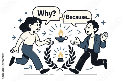 Puzzle Piece Dialogue. Socratic dialogue. Two figures trade speech bubbles shaped like puzzle pieces; ?Why?? and ?Because?? connect. A laurel wreath frames a