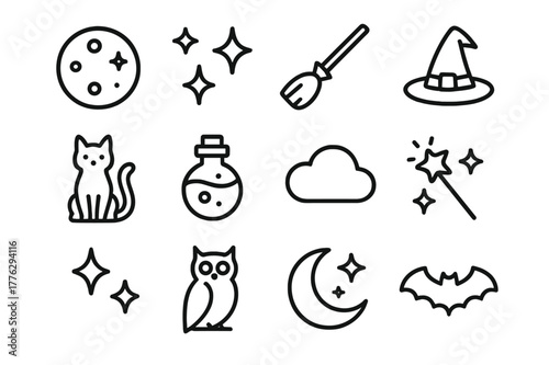 Wallpaper Mural Full Moon Icon Set. Full moon magic. Line icon set of full moon magic: moon, stars, broomstick, witch hat, cat, potion bottle, cloud, wand, sparkle, owl, night Torontodigital.ca
