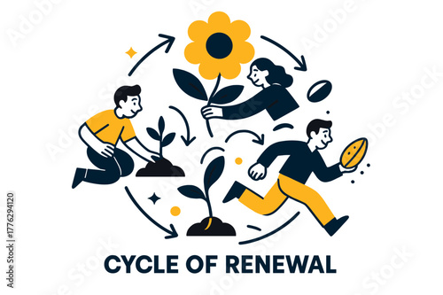 Cycle of Renewal. Seeds ? Seasonal Cycle. Circular composition of sprout > flower > seed; small arrows trace time?s rhythm. Tag ?cycle of renewal?. Modern flat