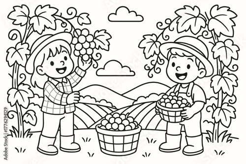 Grape Harvesting Fun. harvesting grapes children?s coloring book illustration, outlined drawing, happy farmers picking grapes in a vineyard, educational design