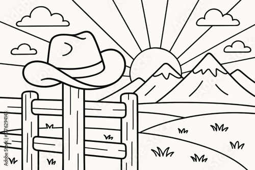Cowboy Hat Coloring Scene. Western sunset children?s coloring book illustration, outlined drawing, cowboy hat resting on a fence with mountains and sun rays in