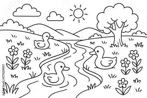 Countryside River Coloring. Countryside river scene children?s coloring book illustration, outlined drawing, gentle river flowing between grassy banks with