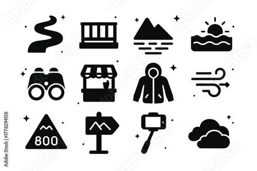 Iconic Overlook Experience. Mountain and sea overlook ride. Solid icons set of Mountain and sea overlook ride: switchback road, overlook railing, mountain