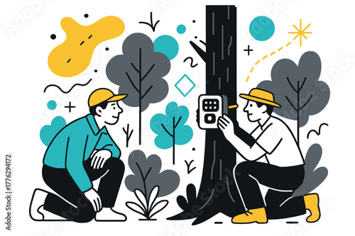 Abstract Wildlife Tracking. Wildlife Tracking. Team setting up camera traps in the forest with floating abstract geometric shapes and glowing accents, careful