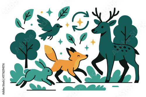 Vibrant Wildlife Scene. Ecology. Group of animals in forest clearing with abstract floating leaves, arrows, and sparkles; emphasizes wildlife, ecosystem, and