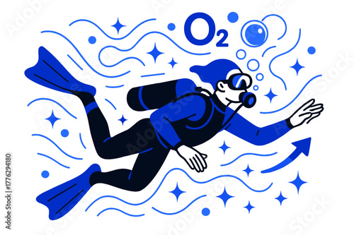 Diver's Oxygen Dance. Oxygen. Diver underwater surrounded by oxygen bubbles; abstract floating lines and sparkles highlight respiration, scuba diving, and