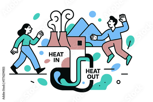 Geothermal Energy Flow. Geothermal Plant Loop. Steam plumes rise in tidy curls; cutaway pipes dive down and return with a ?Heat In / Heat Out? label. Mountains