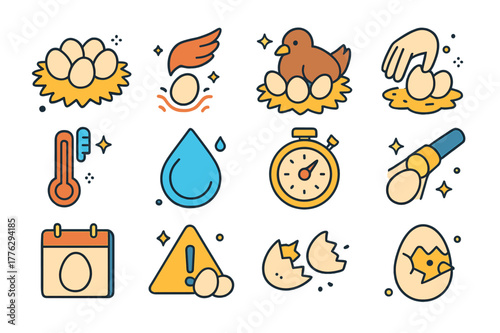 Egg Incubation Icons. egg care and incubation. Colorful isometric vector icons set of egg care and incubation: clutch of eggs, brood patch warmth, incubating