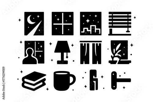 Nighttime Window Icons. Night Window Light. Solid icons set of Night Window Light: moonlight beam, window pane, starry sky, city lights, blinds, silhouette