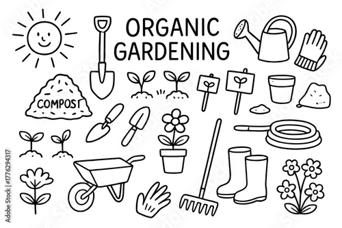 Organic Gardening Icons. Organic Gardening. Hand-drawn doodle illustration Organic Gardening compost pile, shovel, watering can, gloves, trowel, seedlings,