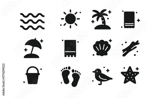 Beach Icon Set. Tide and Sand. Solid icons set of Tide and Sand: ocean waves, sand, sun, palm tree, beach umbrella, towel, seashell, bucket, footprints,