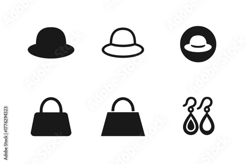 Stylized Accessory Logos. Personal Appearance. Set Logo of Accessories Icon: Filled silhouette, Minimal outline, Abstract geometric, Negative space, Stylized