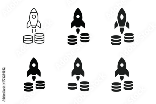 Innovative Startup Logos. Startups and innovation. Set Logo of startups and innovation: rocket ship launching from a coin stack. Icon set. harmonious logo