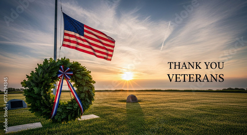 🇺🇸 American Flag at Half Mast with Wreath at Sunset – Veterans Day Tribute, Honor
