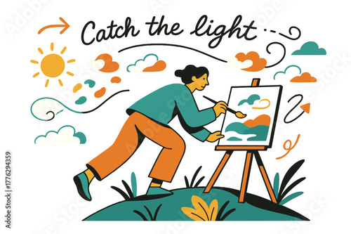 Windy Hill Painting. Painting en plein air. A figure anchors an easel on a breezy hill; clouds drift into paint dabs that match the view. ?Catch the light?