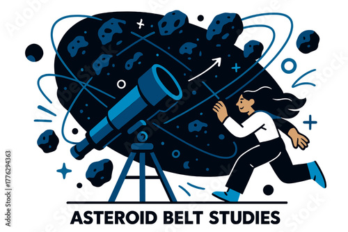 Asteroid Belt Exploration. Asteroid belt studies. Telescope pointing towards asteroid belt with floating asteroids and abstract orbit lines; conveys astronomy,