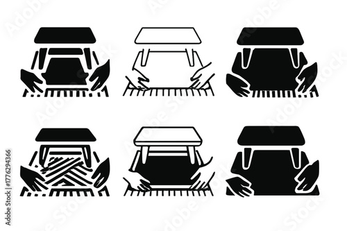 Rug Straightening Logos. Straightening a rug. Set Logo of straightening a rug: rug under coffee table. Icon set. harmonious logo variations of the same