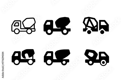 Concrete Truck Logos. Concrete truck drivers delivering materials to sites. Set Logo of concrete mixer truck side profile: Minimal outline, Filled silhouette,