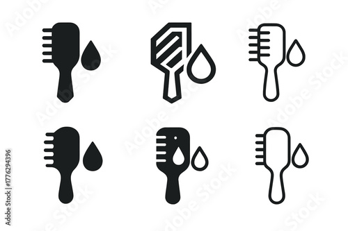 Hair Mask Logos. Hair treatment mask. Set Logo of hair treatment mask: hairbrush and drop symbol. Icon set. harmonious logo variations of the same emblematic