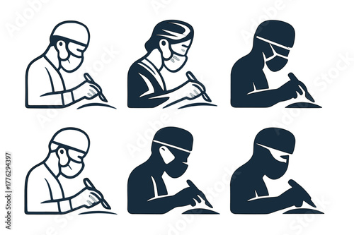 Surgeon Logo Variations. Surgeons performing medical procedures. Set Logo of Surgeons performing medical procedures: masked surgeon profile with scrub cap.