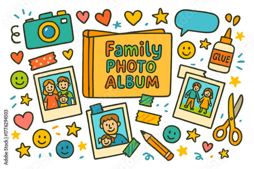 Family Album Doodles. Family photo album. Colorful Hand-drawn doodle Children illustration Family photo album scrapbook, stickers, camera, hearts, Polaroid