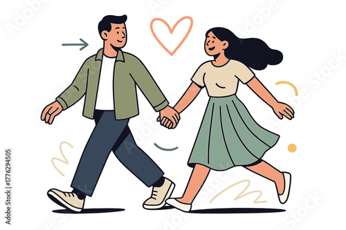 Stylized Romantic Stroll. Couple?s May stroll. Coordinated neutrals with pastel pops?his lightweight overshirt, her pleated skirt; intertwined hands and a