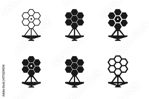 Space Telescope Logos. space telescopes. Set Logo of space telescopes: hexagonal segmented primary mirror. Icon set. harmonious logo variations of the same