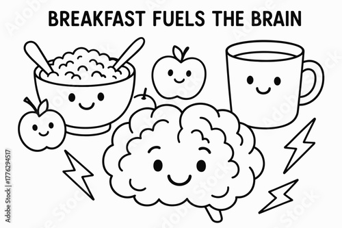 Oatmeal Brain Power. Breakfast fuels the brain children?s coloring book illustration, outlined drawing, a cheerful bowl of oatmeal, fruit, and a milk cup