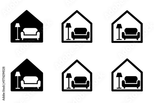 Harmonious Home Design Icons. Home staging for selling. Set Logo of home staging for selling: decluttered open space concept. Icon set. harmonious logo