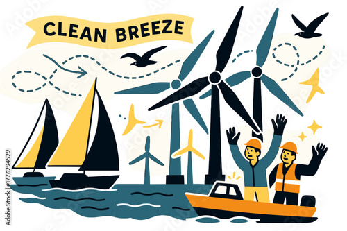 Sailboats and Wind Turbines. Offshore wind farms. Sailboats pass giant turbines as gulls trace dotted wind lines; ?Clean breeze? floats on a ribbon. Workers