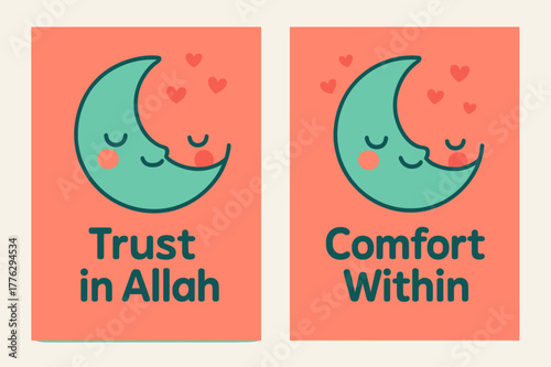 Tawakkul Peace Banners. Tawakkul Peace. Two vertical A6 banners with safe margins, centered composition, no elements touching edges, kawaii, coral and teal,