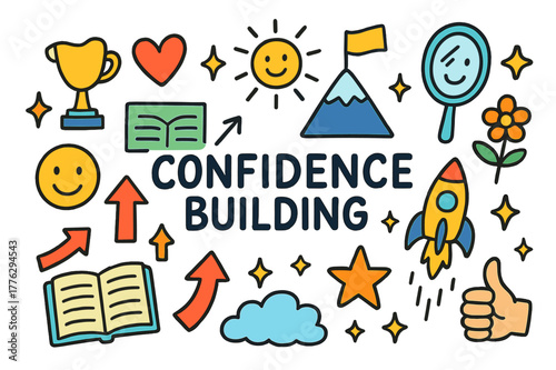 Confidence Symbols Illustrated. Confidence building. Colorful Hand-drawn doodle Children illustration Confidence building trophy, mountain peak, flag, heart,