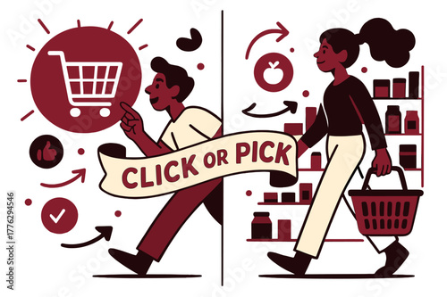 Shopping Choices Comparison. Shopping Habits ? Online Cart vs Aisle. Split scene: left shows a glowing cart icon; right shows a calm aisle with a basket.