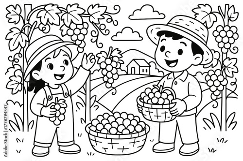 Grape Harvesting Fun. harvesting grapes children?s coloring book illustration, outlined drawing, happy farmers picking grapes in a vineyard, educational design