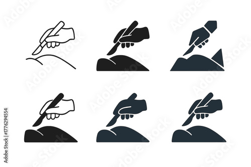 Surgical Icons Collection. Surgeons performing medical procedures. Set Logo of Surgeons performing medical procedures: surgeon?s gloved hands holding a scalpel