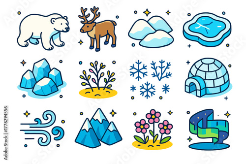 Tundra Wildlife Icons. Tundra wildlife. Colorful isometric vector icons set of tundra wildlife: polar bear, reindeer, snow-covered hills, frozen lake, icy