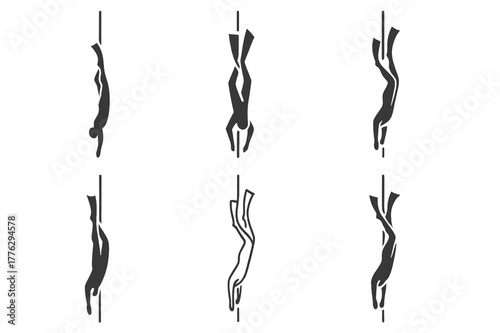 Freediving Logo Variations. Freediving. Set Logo of Freediving: diver along descent line. harmonious logo variations of the same emblematic concept, each with