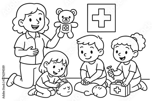 First-Aid Fun. Community first-aid class children?s coloring book illustration, outlined drawing, instructor showing a teddy bear bandage while kids practice
