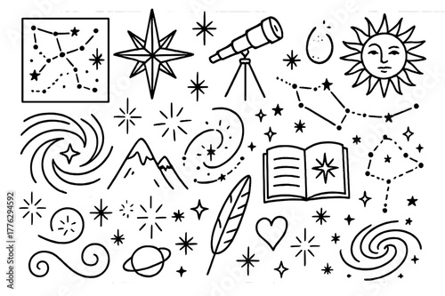Cosmic Doodle Icons. Star maps and cosmic art. Hand-drawn doodle illustration Star maps and cosmic art constellation grid, compass rose, telescope, starburst,