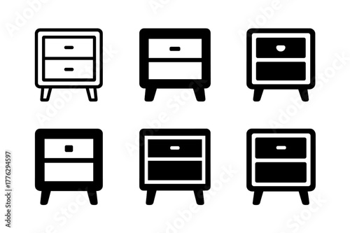 Minimalist Table Logos. Side table drawer. Set Logo of side table drawer: minimalist bedside table front view. Icon set. harmonious logo variations of the same