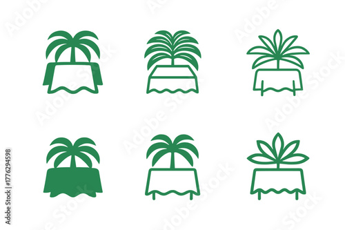 Tropical Palm Logo Variations. Tropical palm tree decor for summer events. Set Logo of Tropical palm tree decor for summer events: palm frond table runner.