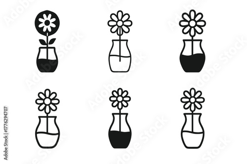 Daisy Vase Logos. tabletop flower vase. Set Logo of tabletop flower vase: transparent vase with water and single daisy. Icon set. harmonious logo variations of