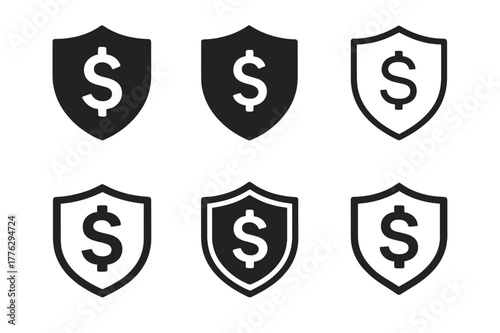 Responsible Finance Logos. Paying off debts and credit obligations. Set Logo of responsible finance: shield protecting dollar. Icon set. harmonious logo
