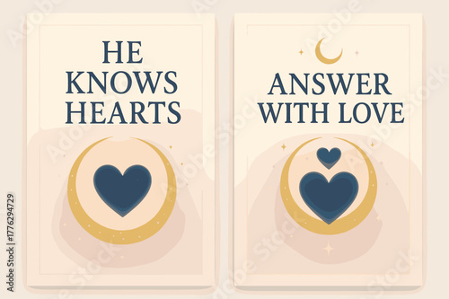 Hearts to Allah Banners. Hearts to Allah. Two vertical A6 banners with safe margins, centered composition, no elements touching edges, pastel, navy and gold,
