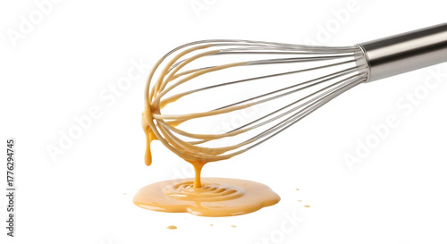 Stainless Steel Whisk with Creamy Beige Sauce Dripping isolated PNG with Transparent Background